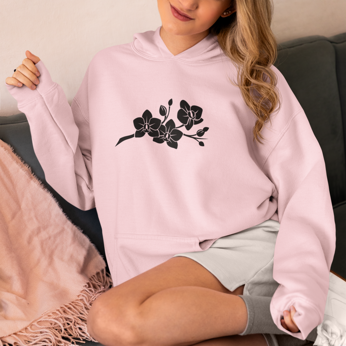 'The Orchid Branch' Floral Cotton Hoodie - Pink