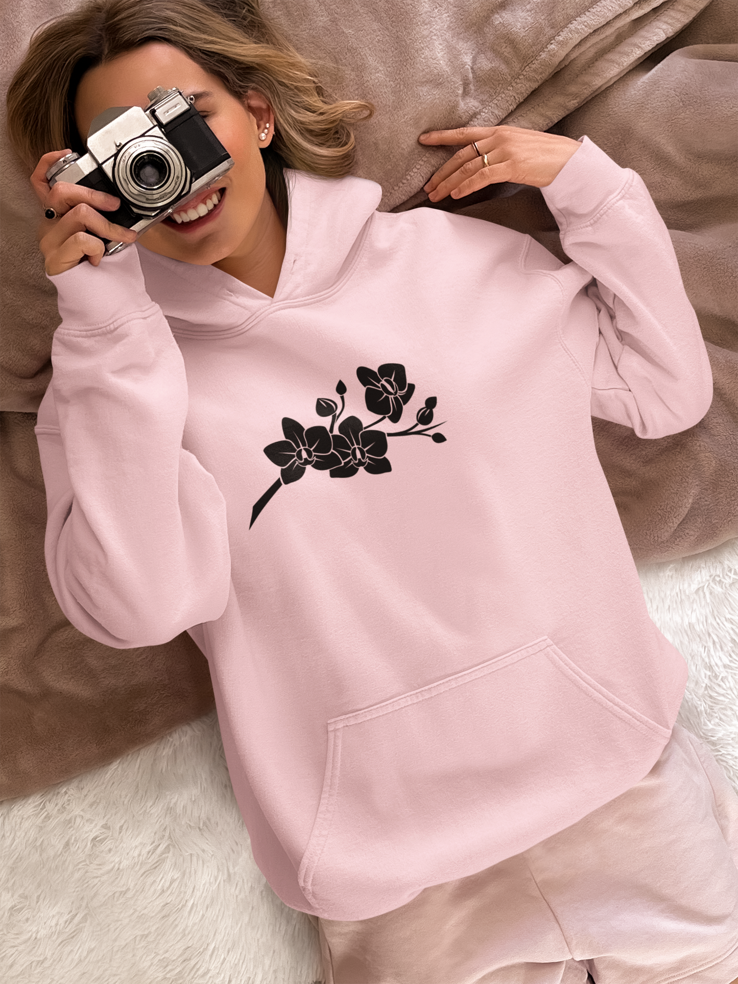 'The Orchid Branch' Floral Cotton Hoodie - Pink